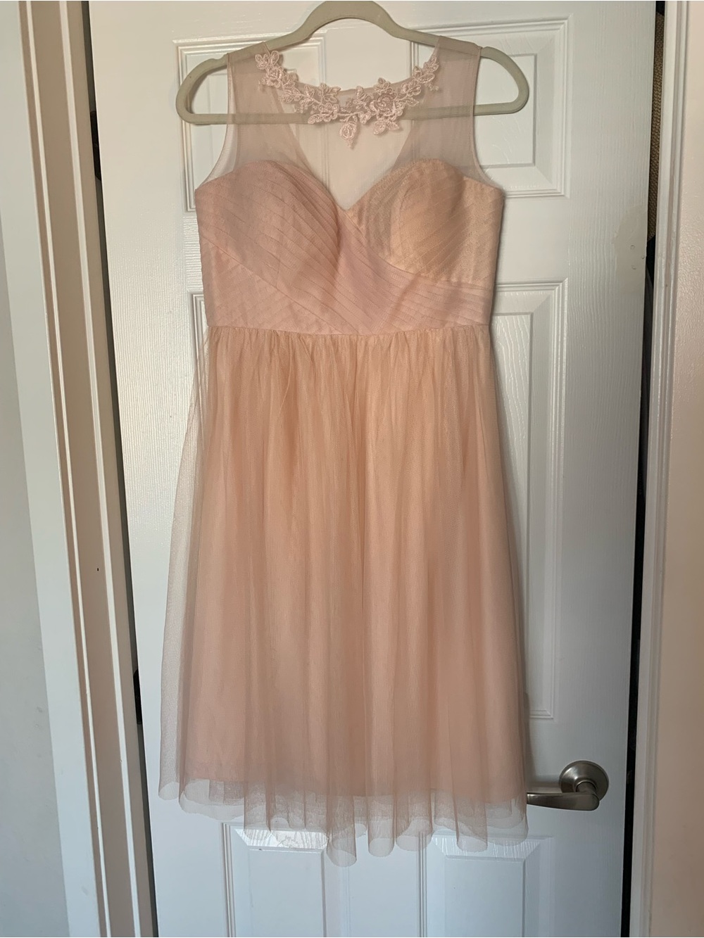 Jenny Yoo Blush Pink Tulle Cocktail Dress with Illusion Neckline